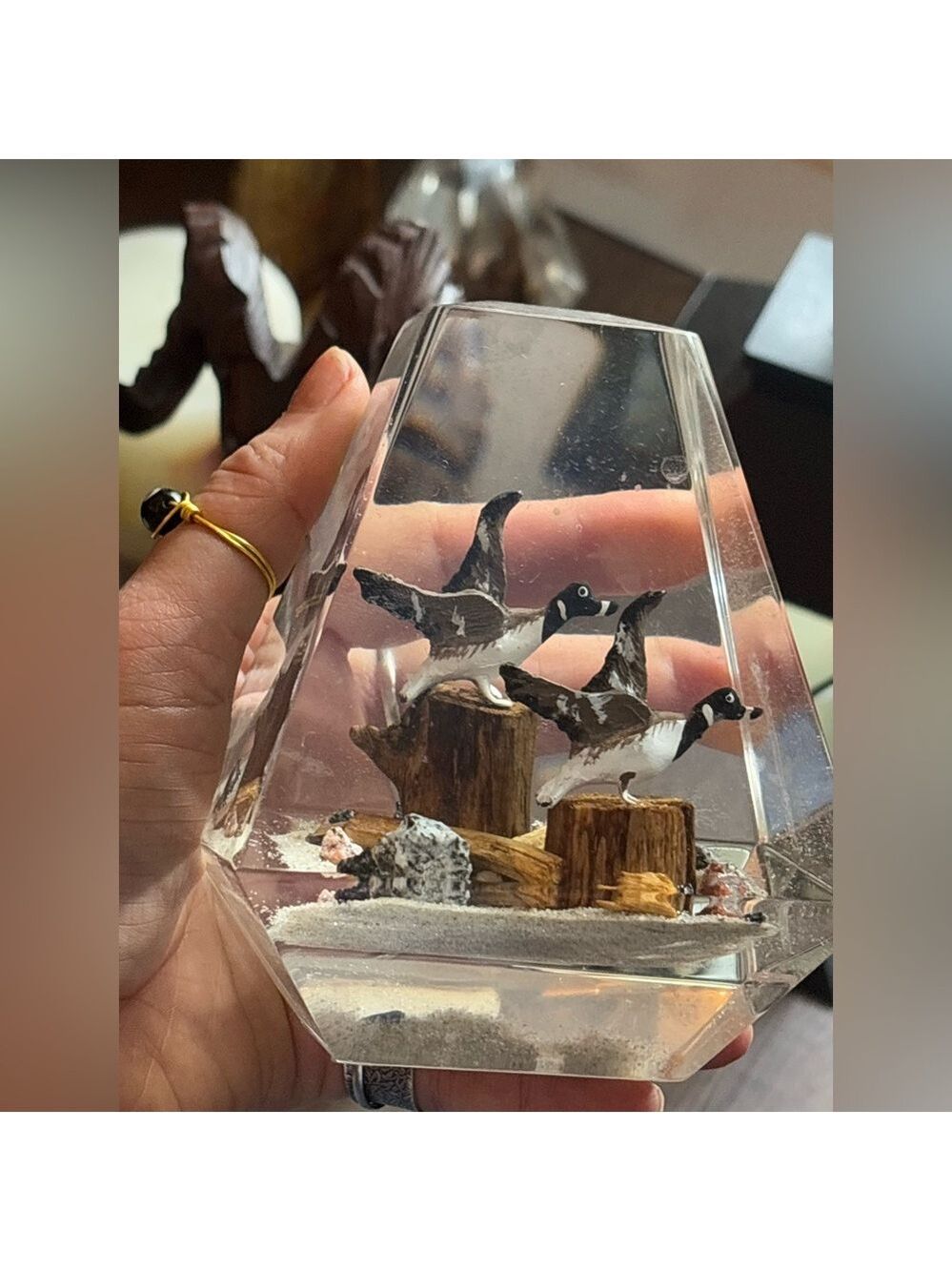 Vintage Solid Lucite Obelisks Diorama Canada Goose Paperweight Sculpture 1970's